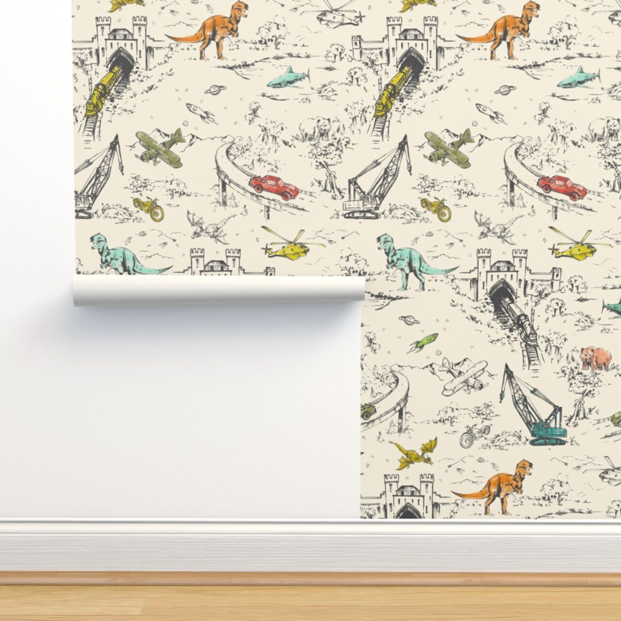 Hand Drawn Toile Wallpaper Dinosaur Cars Helicopters Trains Construction Dragon Bear Kids Custom Pre-pasted Wallpaper by Spoonflower Pre-Pasted Wallpaper 2FT Wide